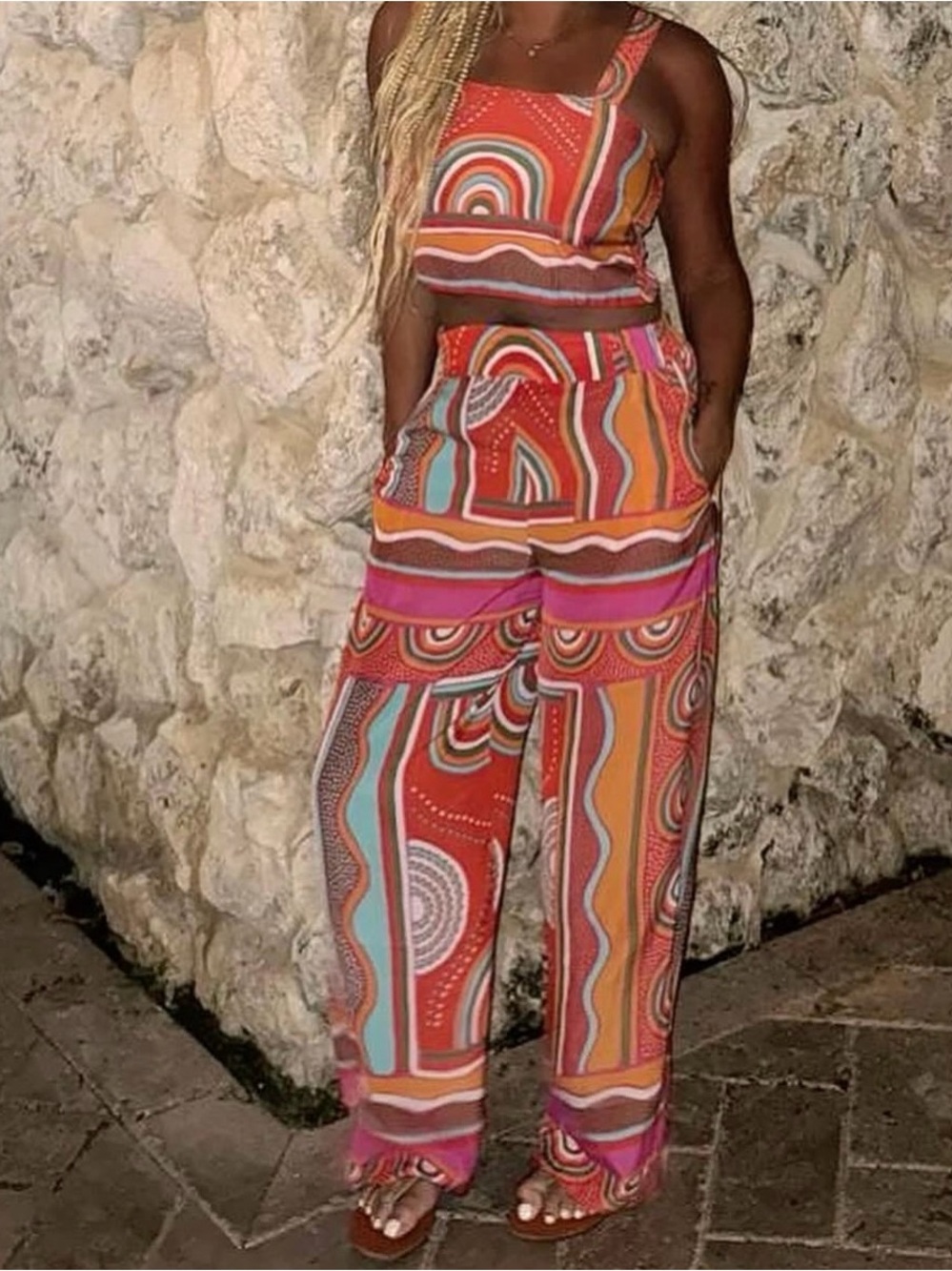 Women’s Abstract Print Wide-Leg Set - Orange Multi